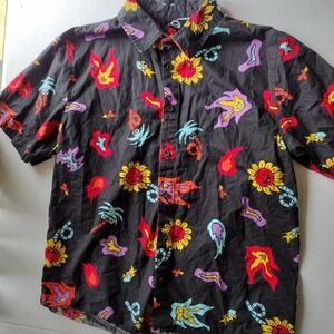 Neff Mens Button Up Shirt Black Graphic Print Short Sleeve Casual Top Size S
